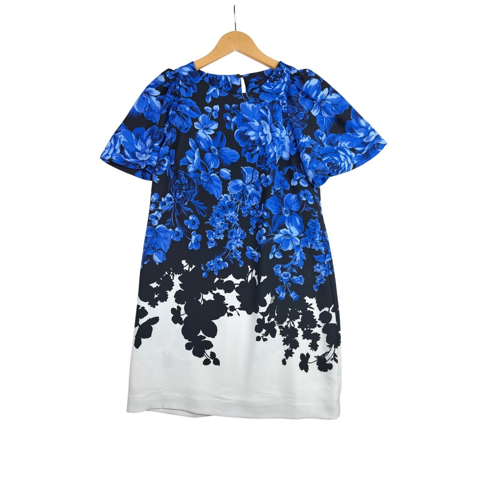 Ann Taylor Floral Print Toile Ombre Shift Dress size 6 Petite Blue/Black
